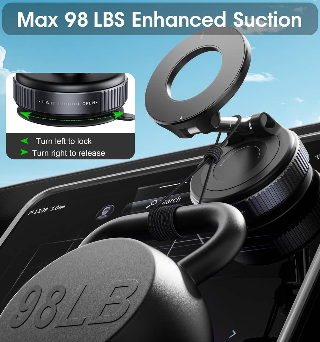 Black circular magnetic phone holder with ridged grip and pivoting arm