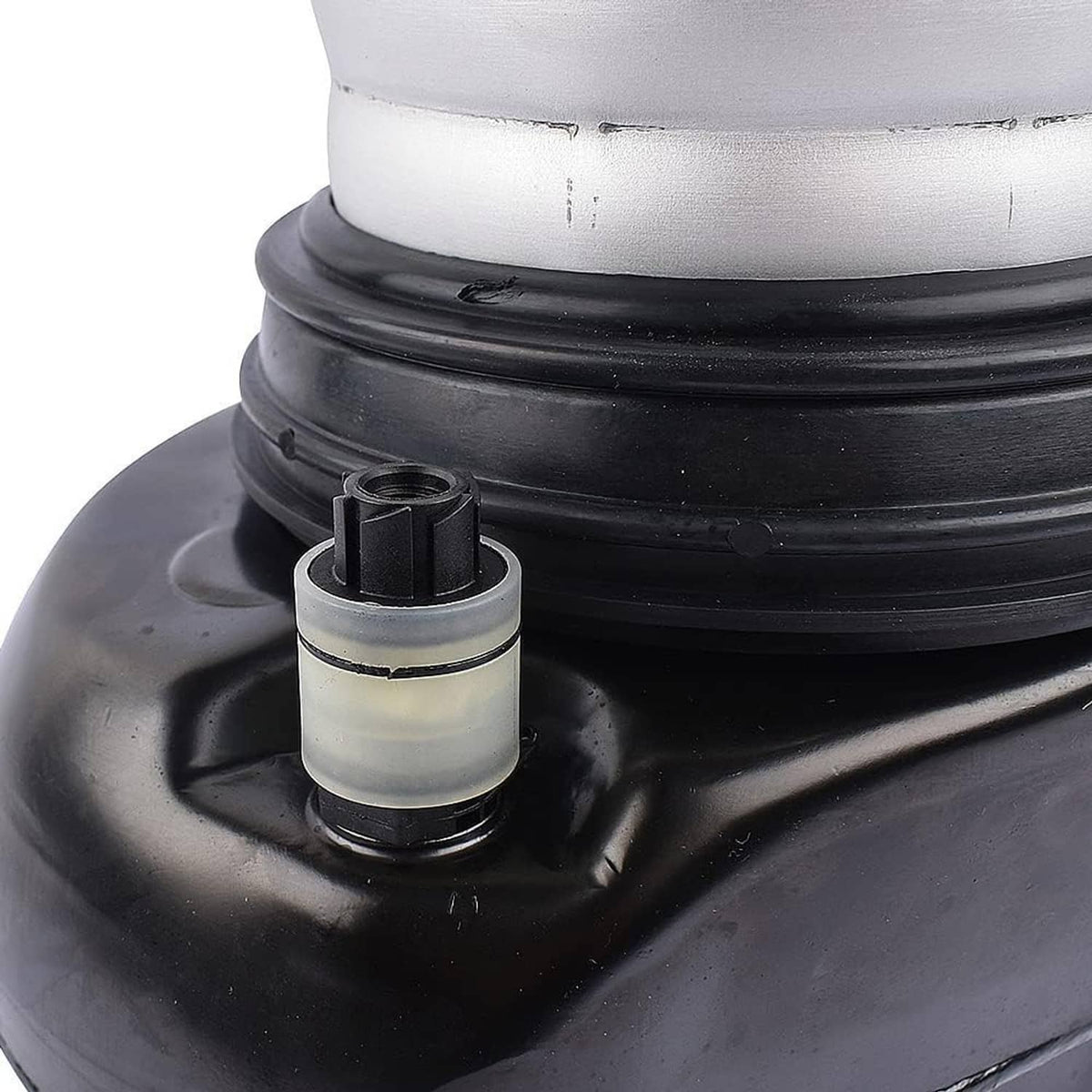 Air suspension strut top close-up: black rubber boot with white plastic bushing