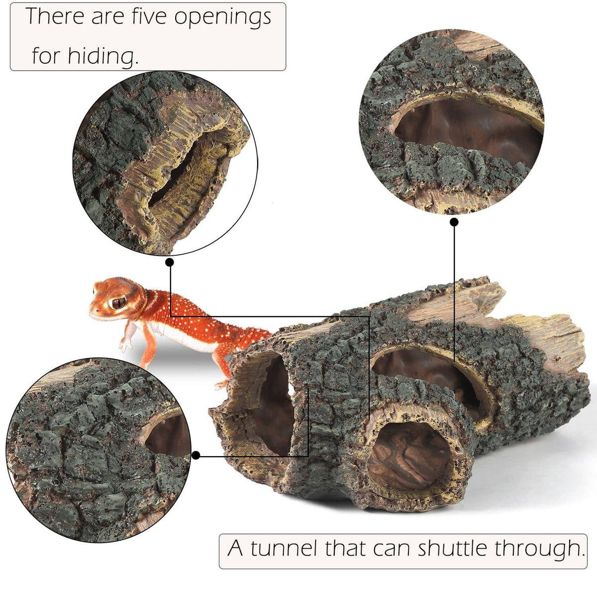 Aquarium log decoration with multiple hide holes and a connected tunnel through
