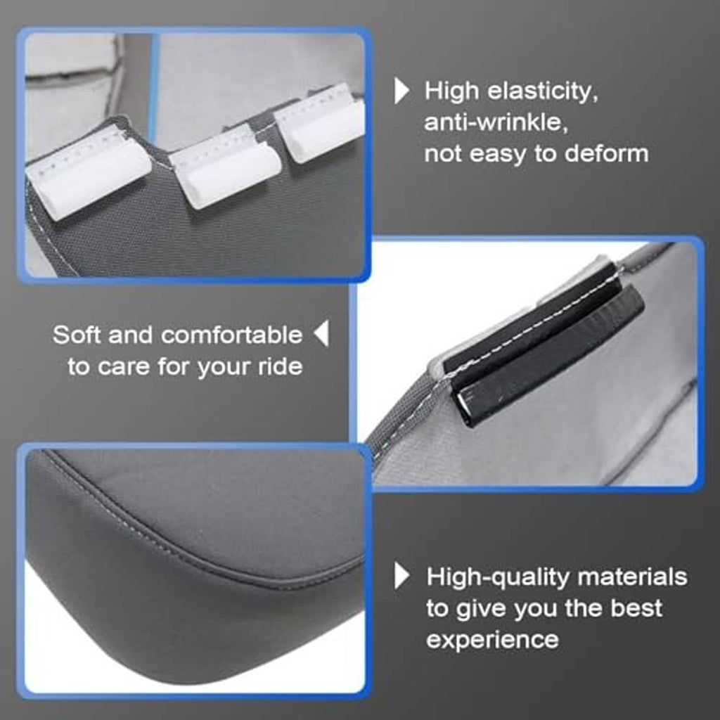 Gray cloth seat cover detail with stitched seams, flap openings, and reinforced edging