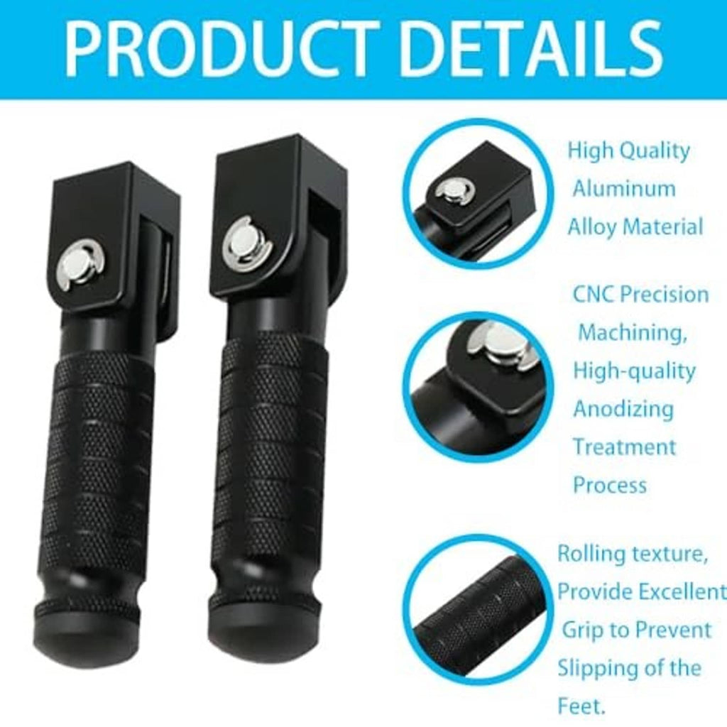 Two foldable foot pegs with black textured grips and metal clamp bracket connection