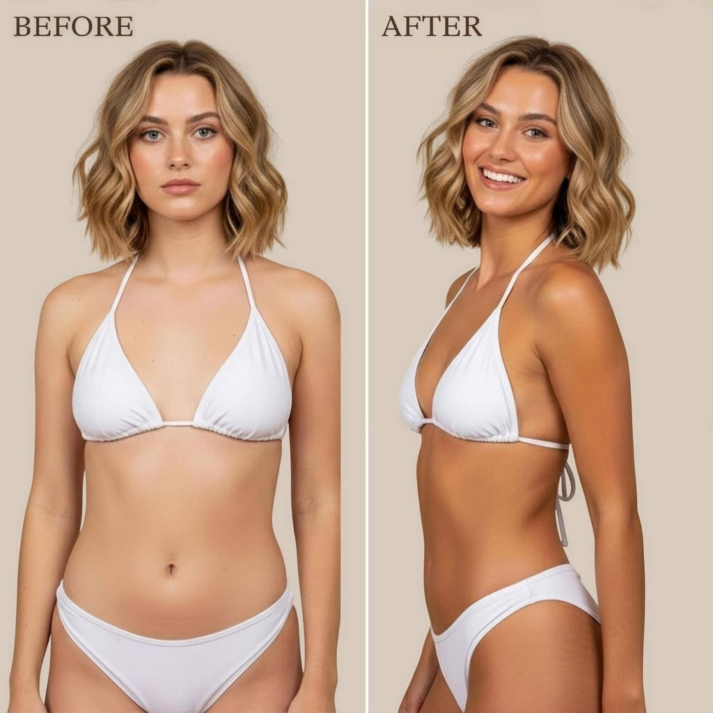 Woman in white bikini before-and-after self-tan on skin