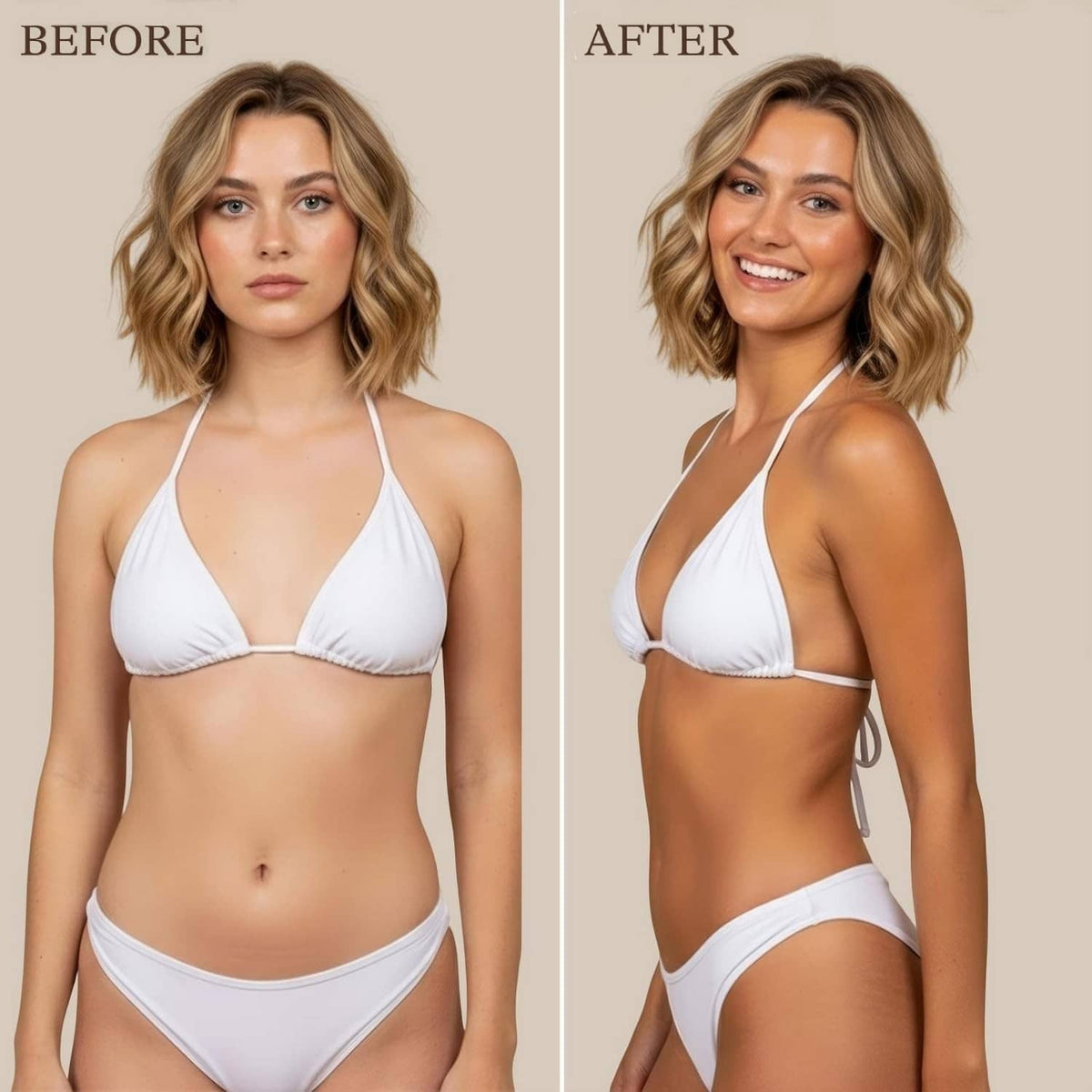 Woman in white bikini before-and-after self-tan on skin