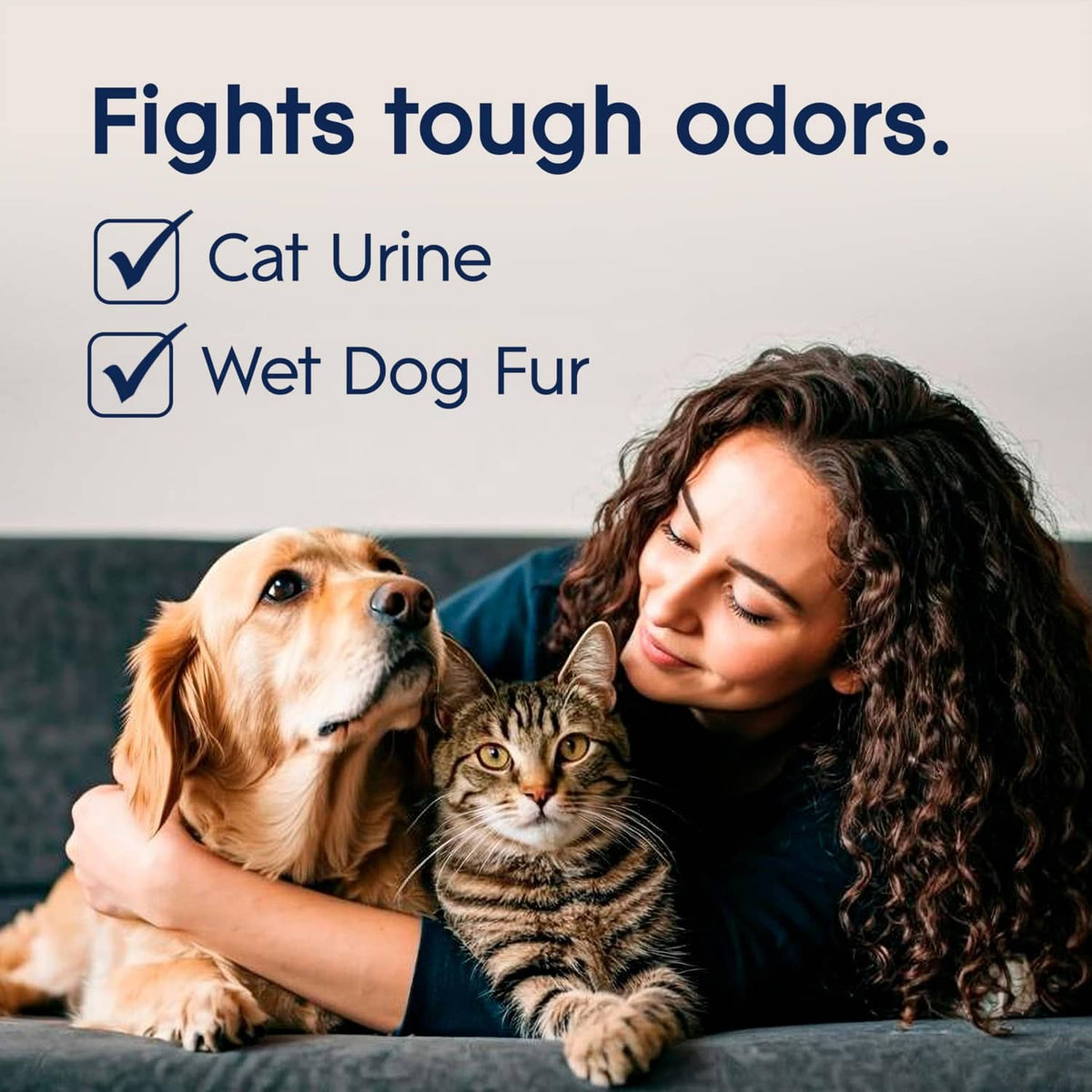 Pet Fresh automatic spray refill canister with dog and cat on a sofa