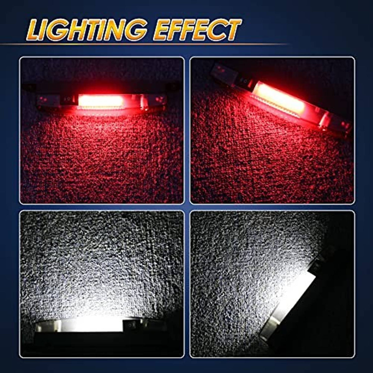 LED dome light bar projecting red and white illumination onto textured surfaces