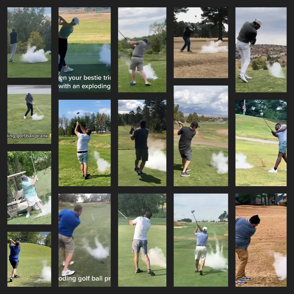 Golf prank balls shown creating white smoke puffs after swings in multiple scenes