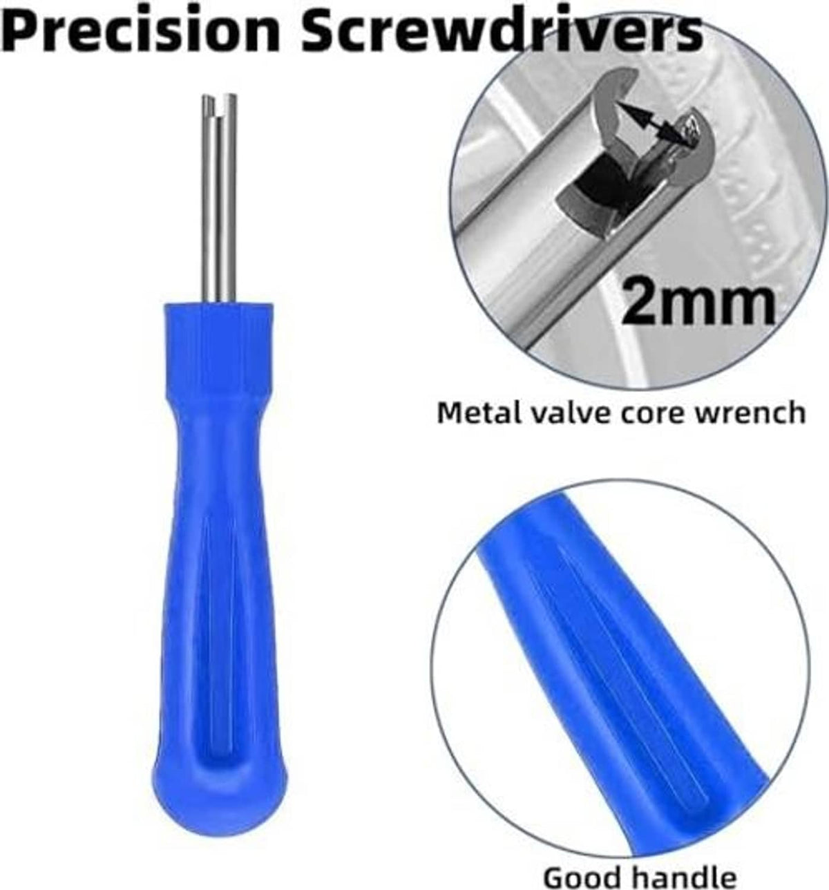 Blue-handled precision tool with metal valve core wrench tip