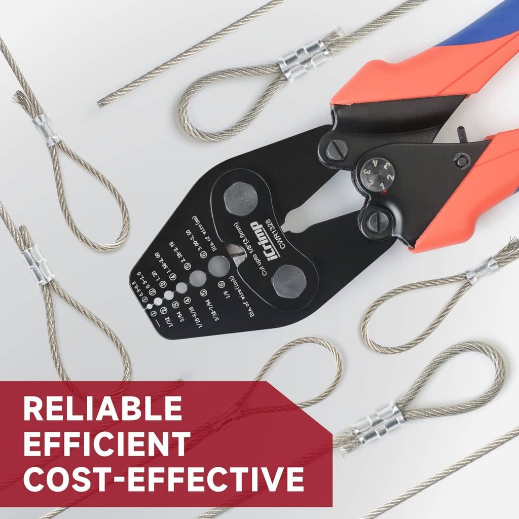 Wire rope crimping tool with metal wire rope strands and crimping die head.