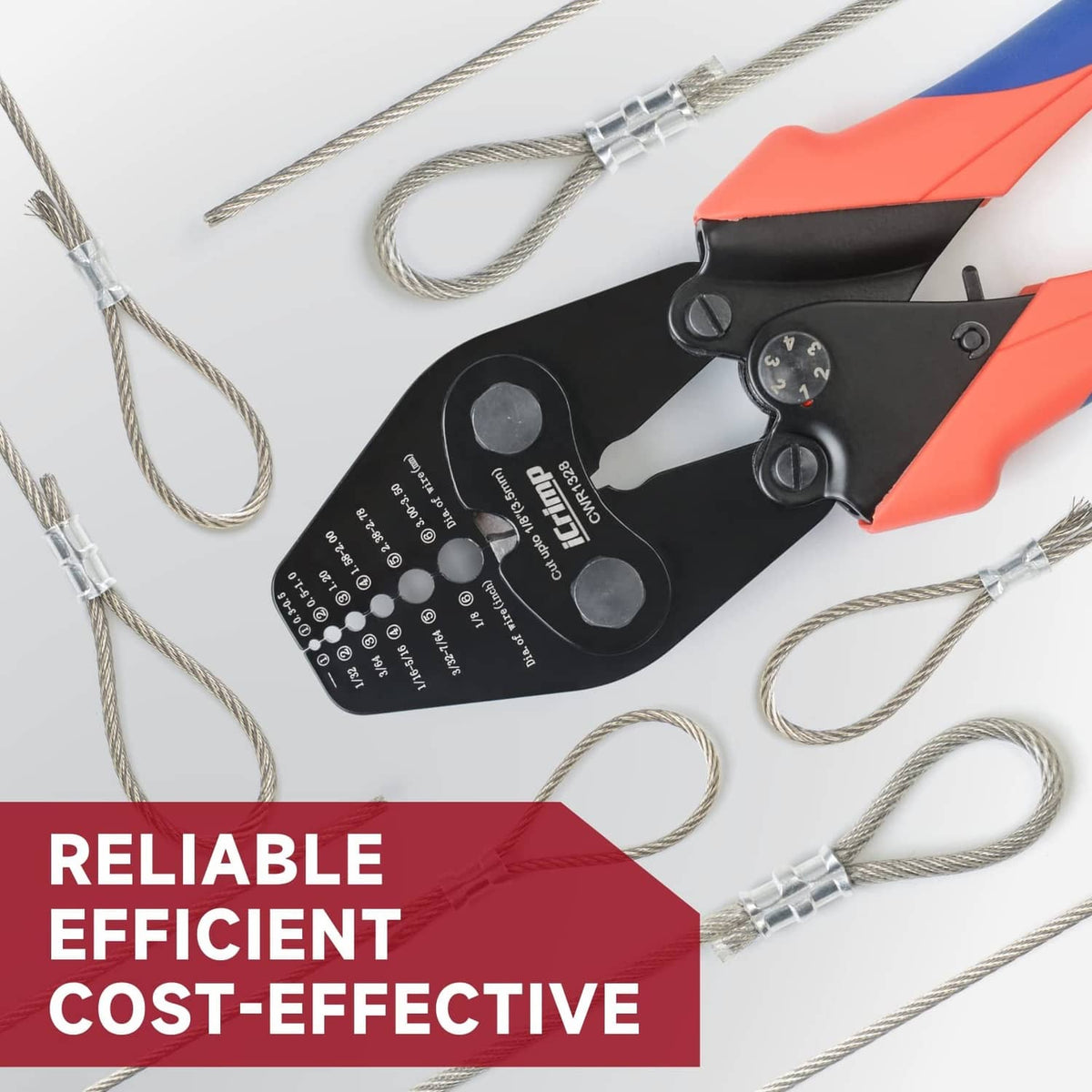 Wire rope crimping tool with metal wire rope strands and crimping die head.