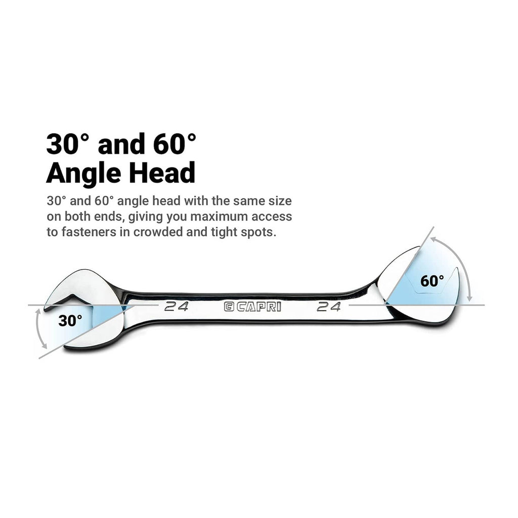 Angle open-end wrench with 30° and 60° angled heads for tight spaces