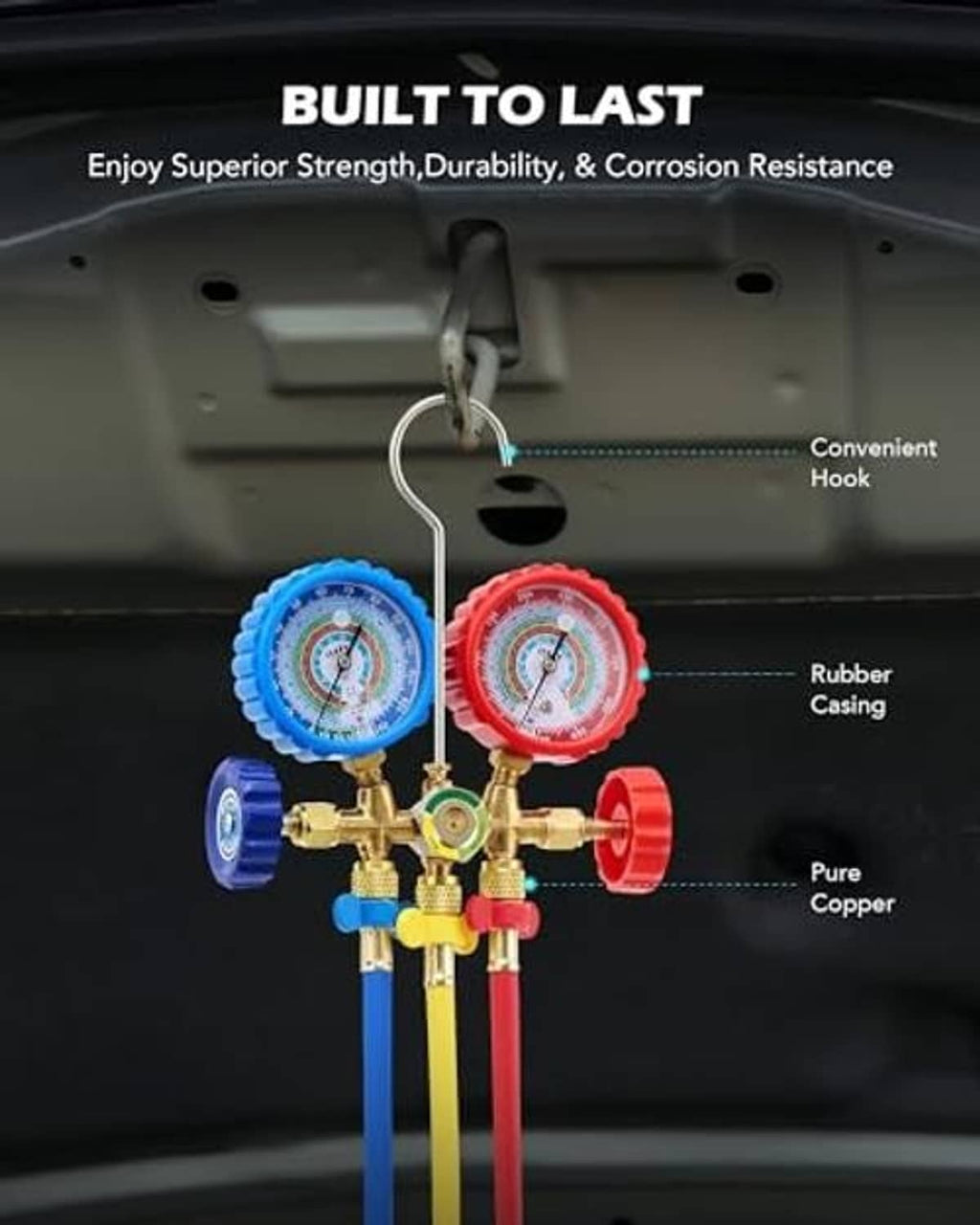 AC manifold gauges with blue and red rubber casings, brass couplers, and attached hoses