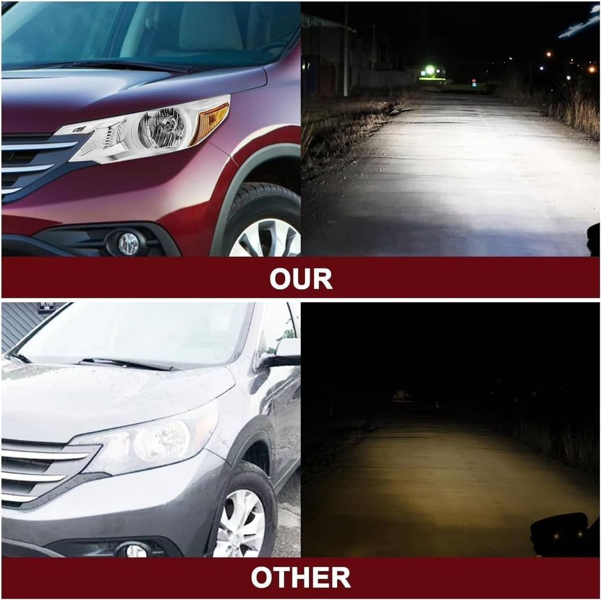 Vehicle front corner headlight with chrome housing and amber marker, night roadside view