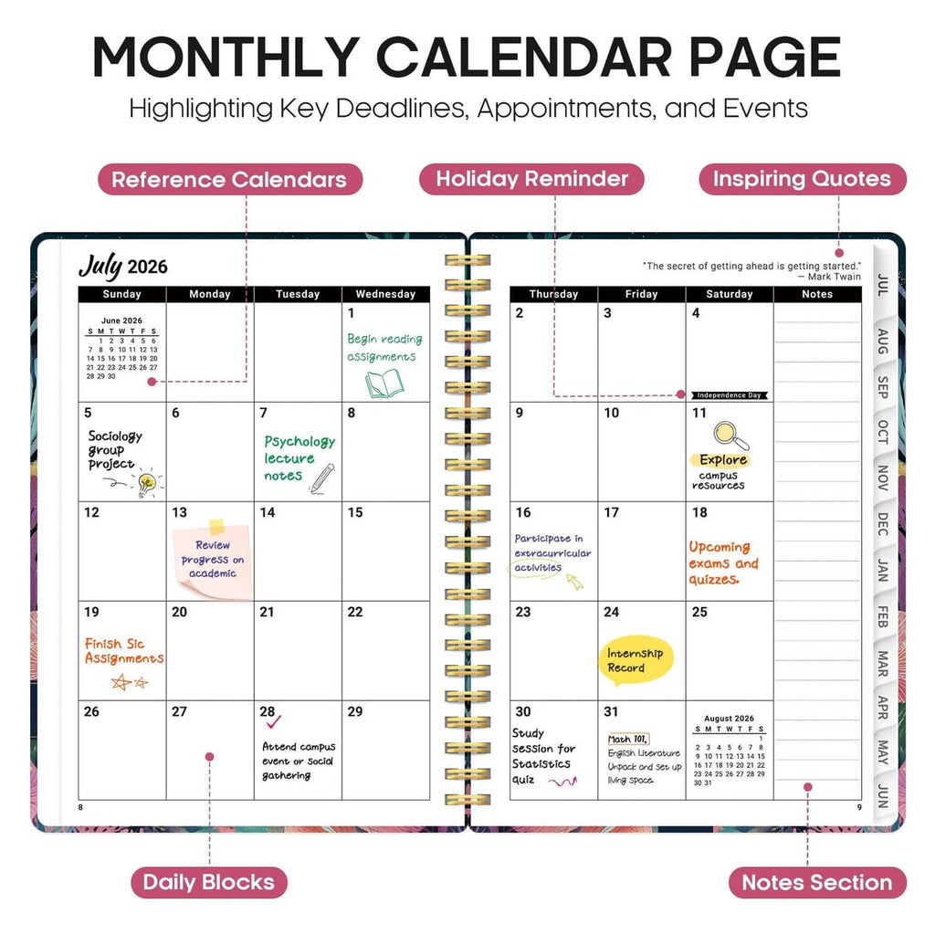 Academic planner open to monthly calendar page with key deadlines and notes section