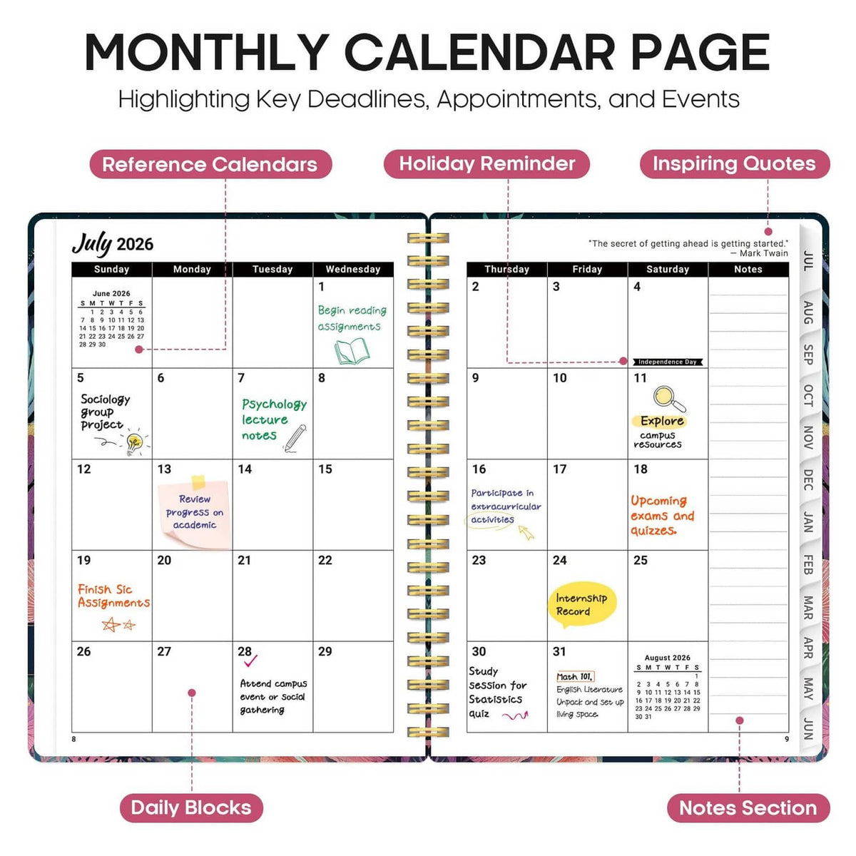 Academic planner open to monthly calendar page with key deadlines and notes section
