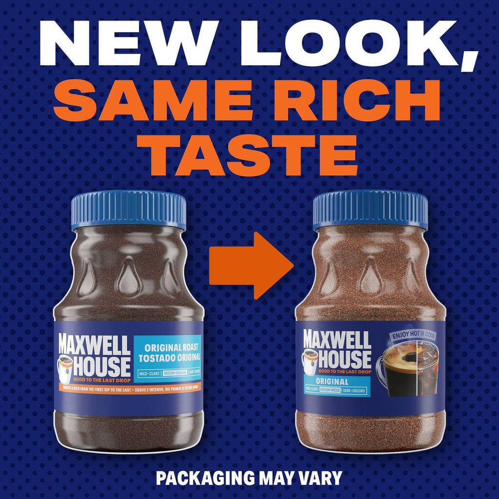 Instant coffee jars showing original roast packaging with same rich taste