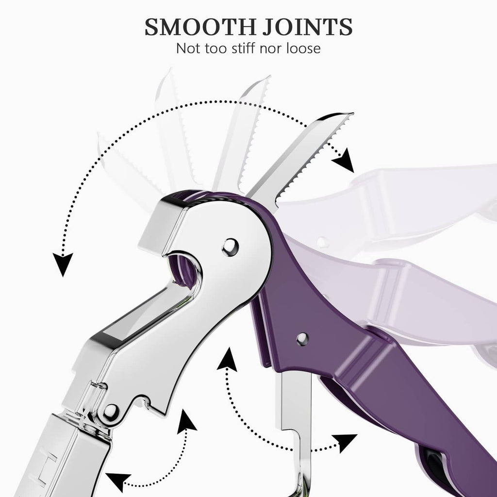 Plum stainless steel waiter corkscrew key with hinged lever handle, close-up