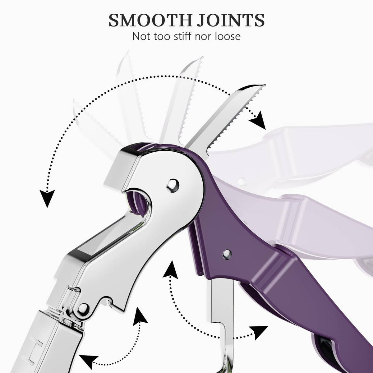 Plum stainless steel waiter corkscrew key with hinged lever handle, close-up