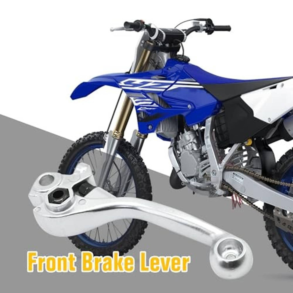 Front brake lever installed on a blue dirt bike, silver lever with black pivot