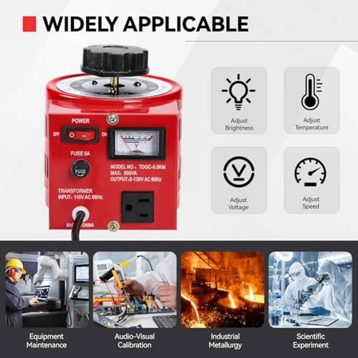 Red voltage transformer with voltmeter, power switch, fuse knob, and cooling vent slots