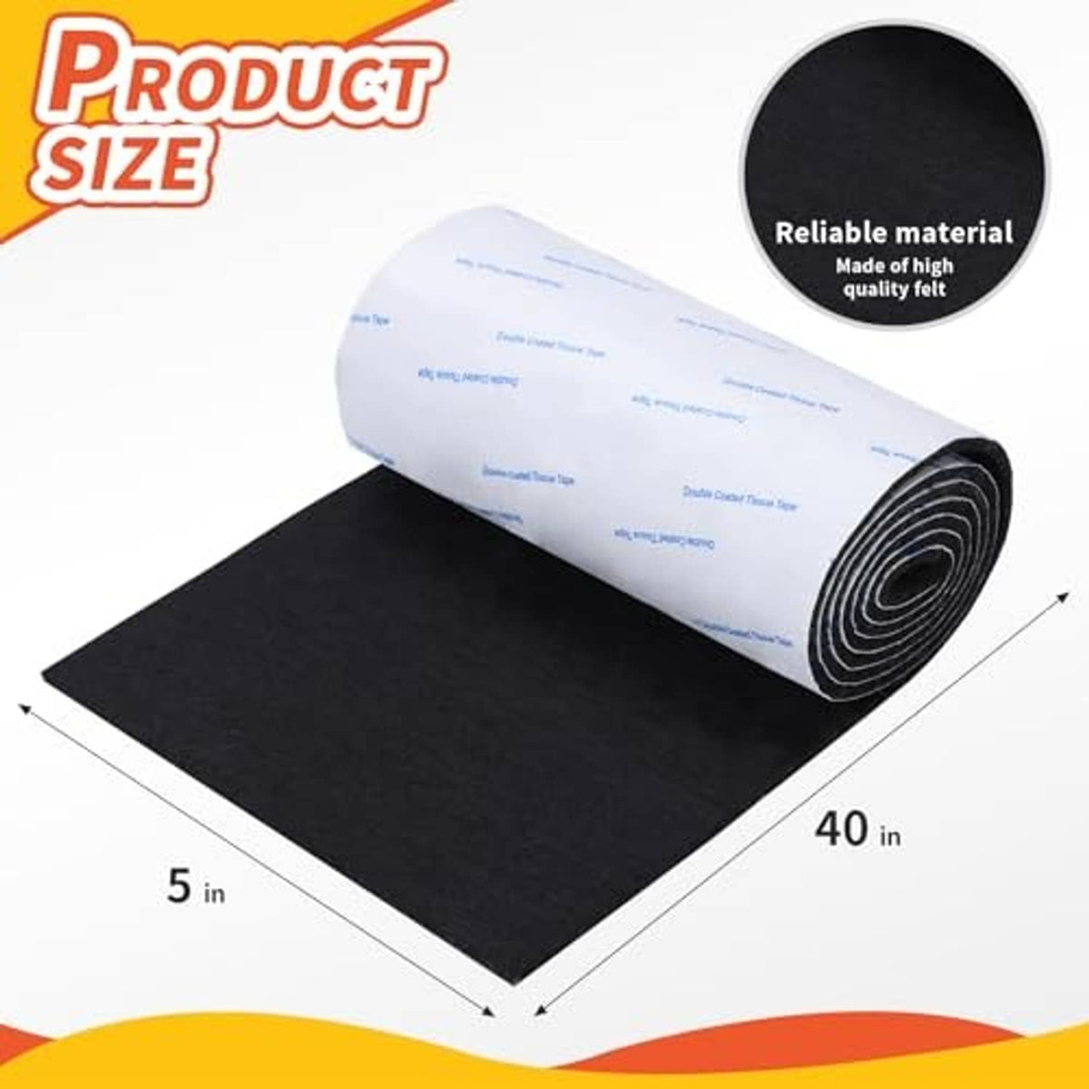 Black felt furniture pad strips roll and sheet, size markings visible