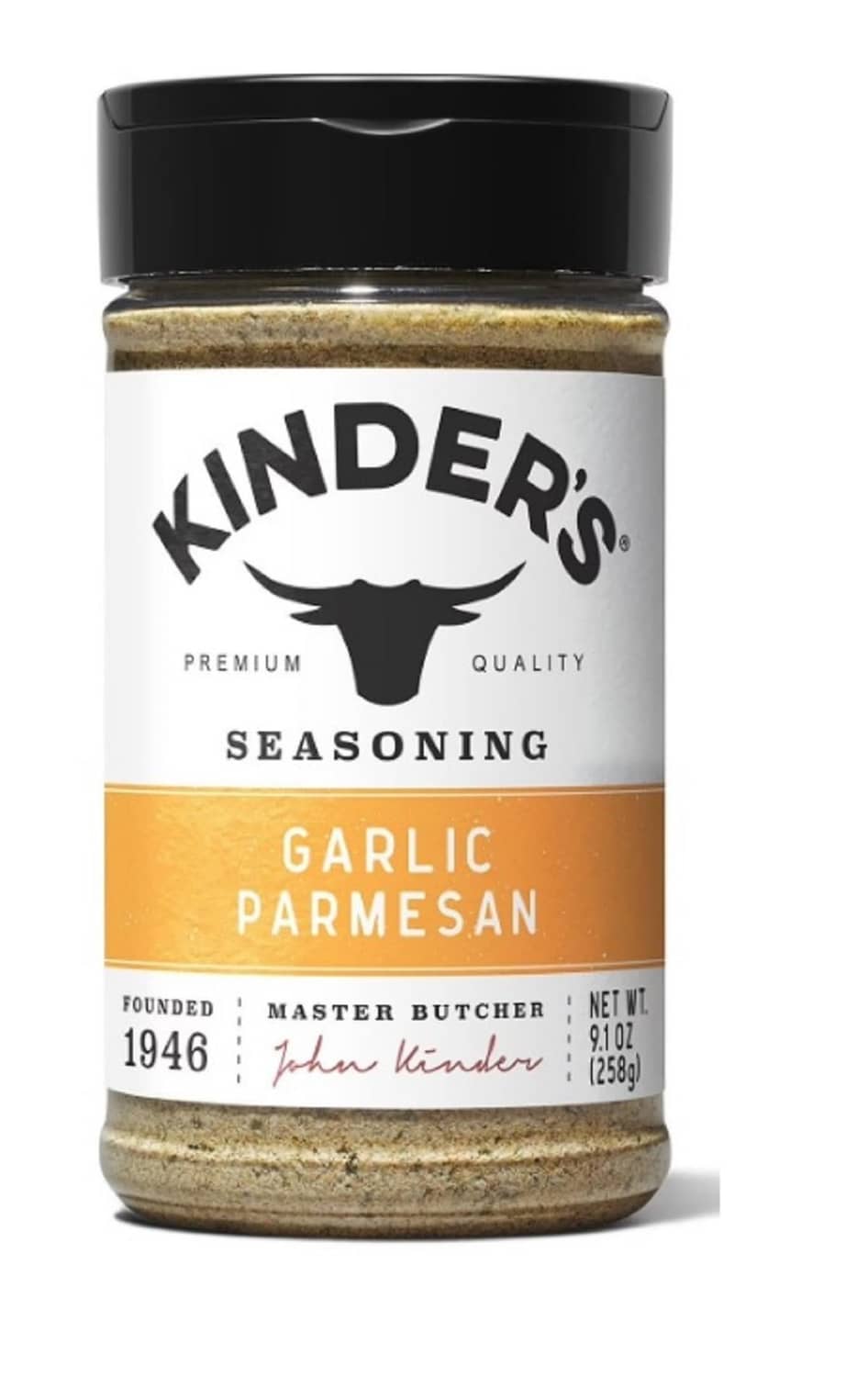 Kinder's seasoning bottle, Garlic Parmesan blend with beige speckled label and black cap