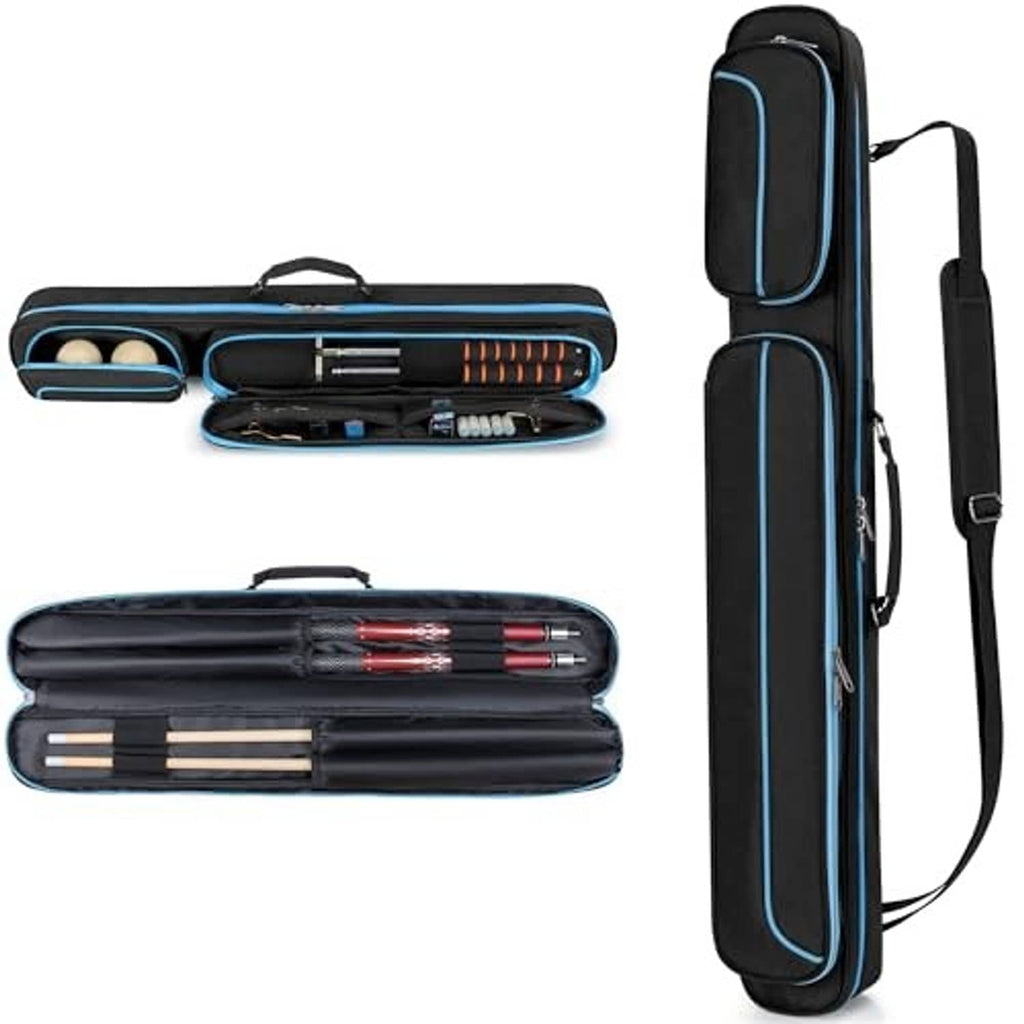 Blue-trim pool cue case with open compartments and shoulder carrying strap