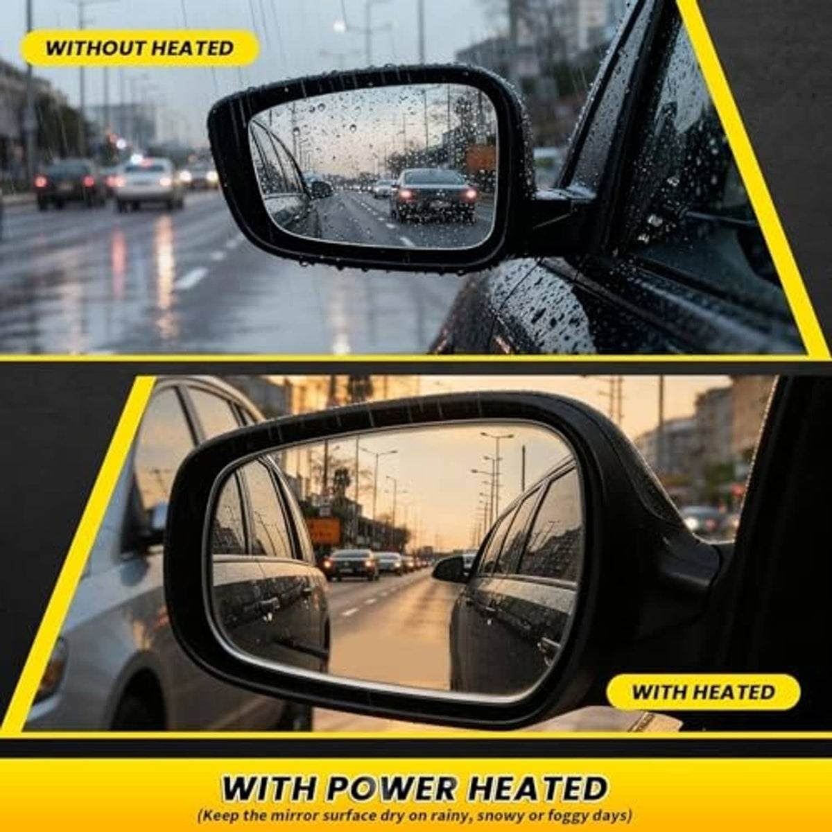 Left driver-side mirror assembly showing reflective glass with raindrop coverage.