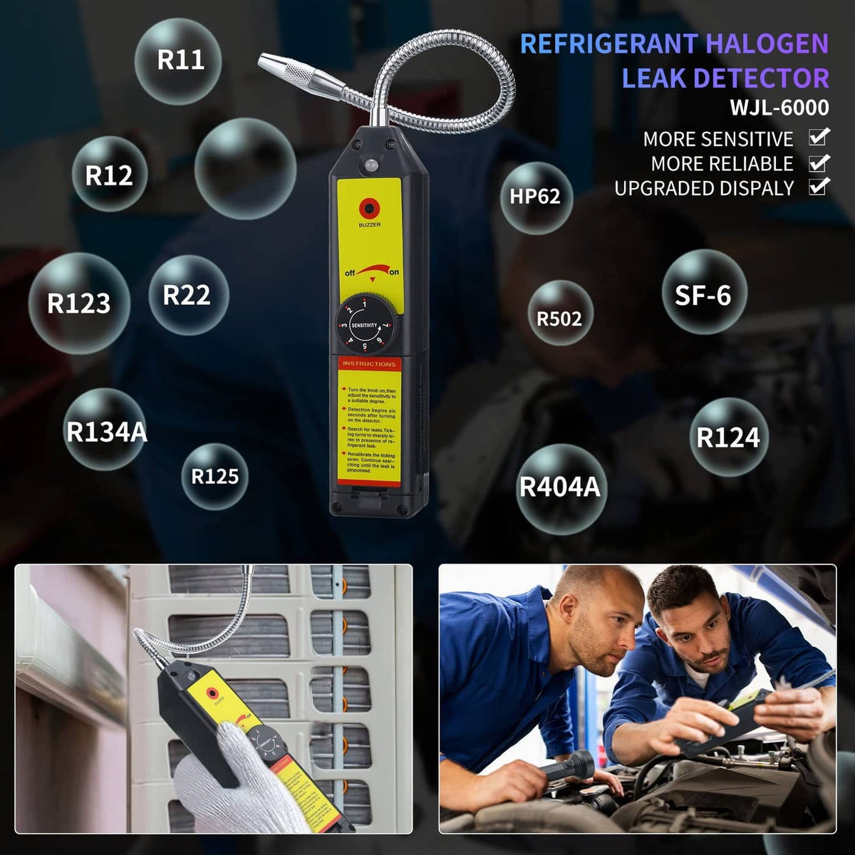 Black refrigerant leak detector with built-in LED light and flexible metal probe