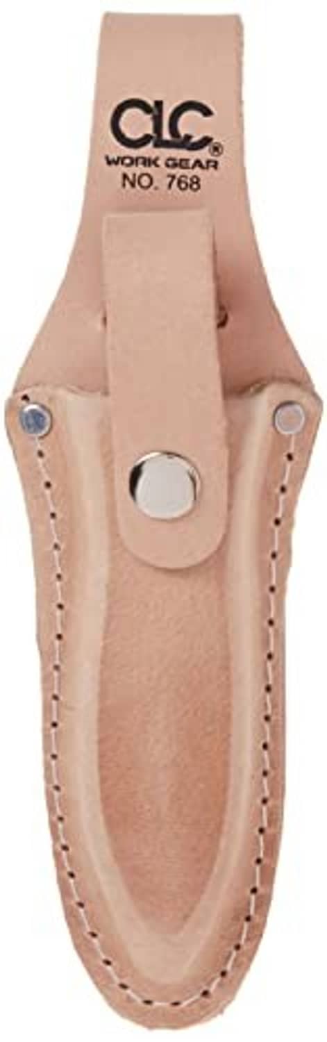 Tan leather plier holder with two metal snaps, stitched pocket lining