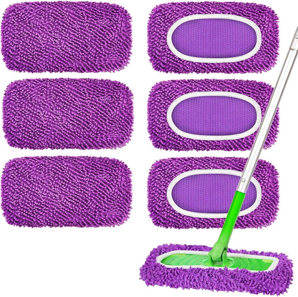 Six purple microfiber replacement mop pads arranged with matching oval frames