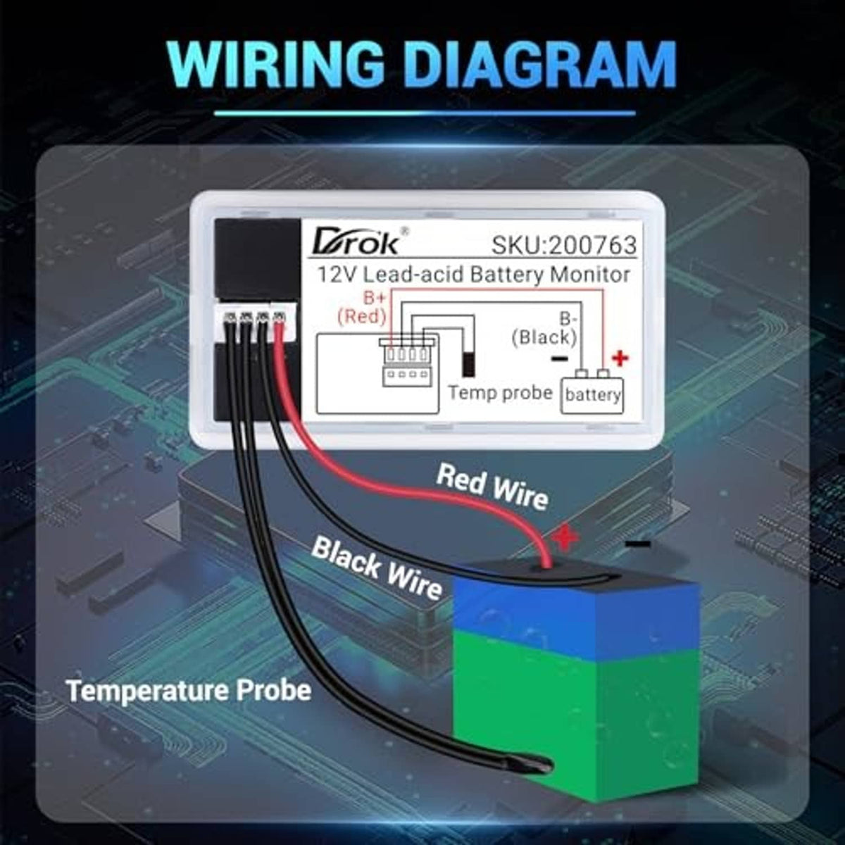 Battery monitor wiring diagram showing red and black wires and temperature probe