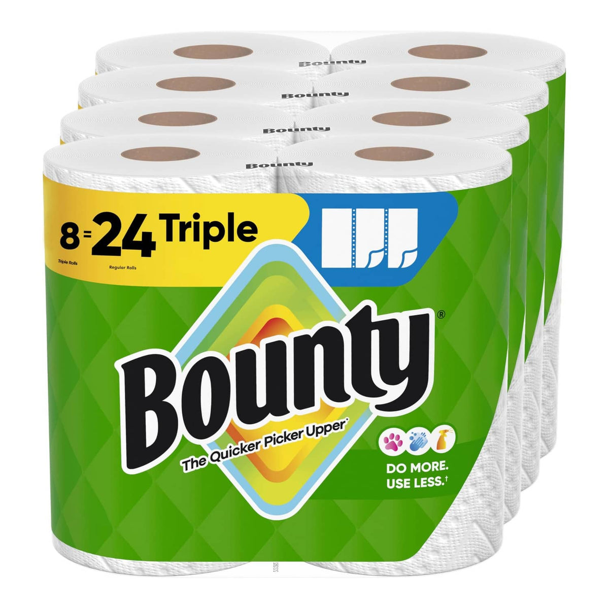 White paper towel roll pack, multiple rolls stacked in a clear wrap.