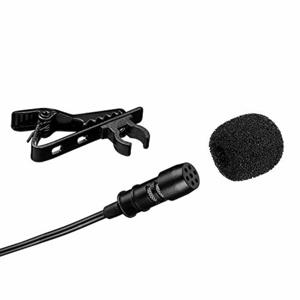 Black lavalier mic clip with foam windscreen and wired microphone