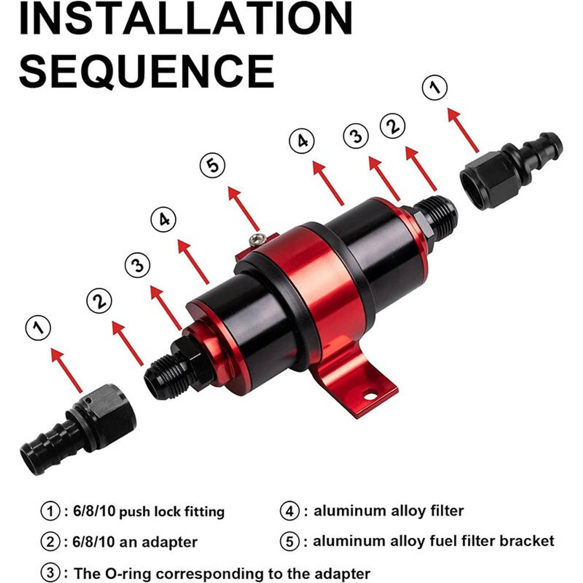 Inline fuel filter installation parts with adapter fittings and O-ring for assembly