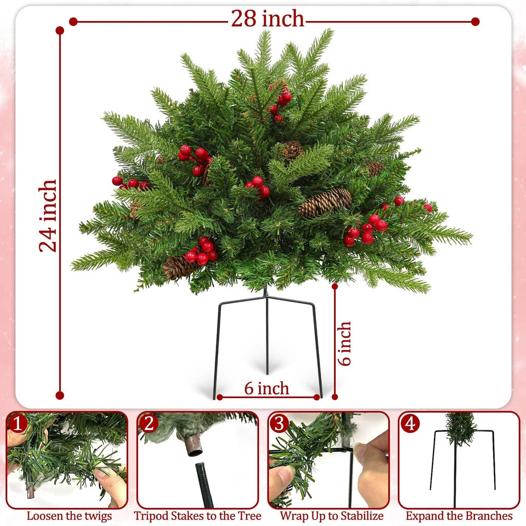 24-inch lighted mini Christmas tree set diagram with pinecones and red berry accents