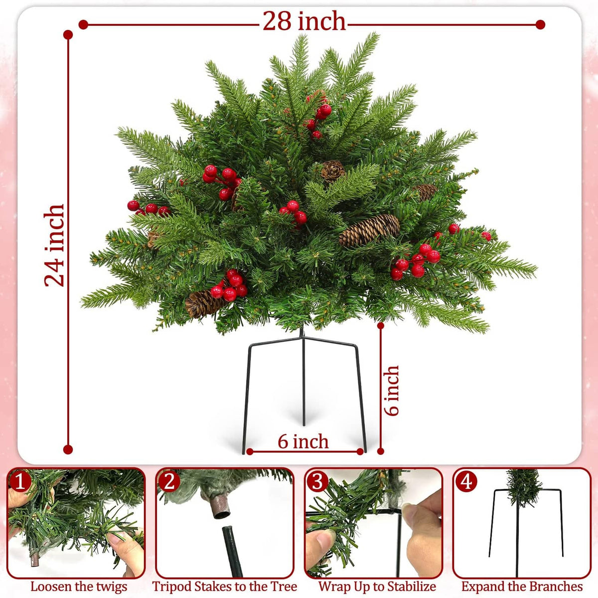 24-inch lighted mini Christmas tree set diagram with pinecones and red berry accents