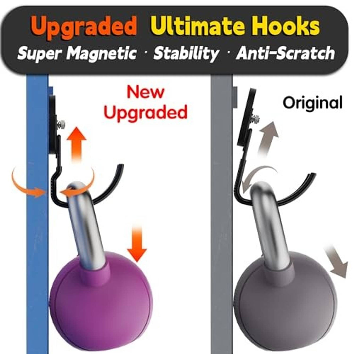 Upgraded black magnetic hook system with curved arms holding a round object