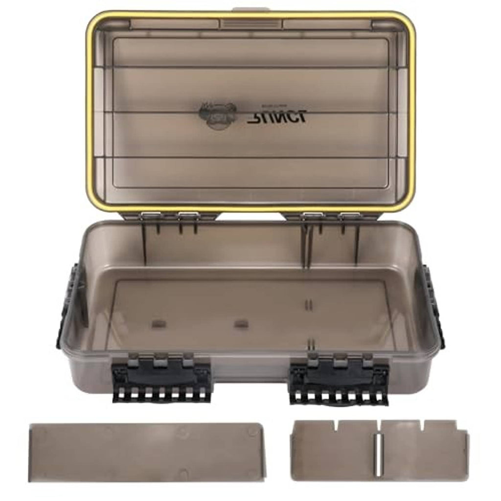 Deep gray fishing tackle box open with clear lid and internal divider inserts