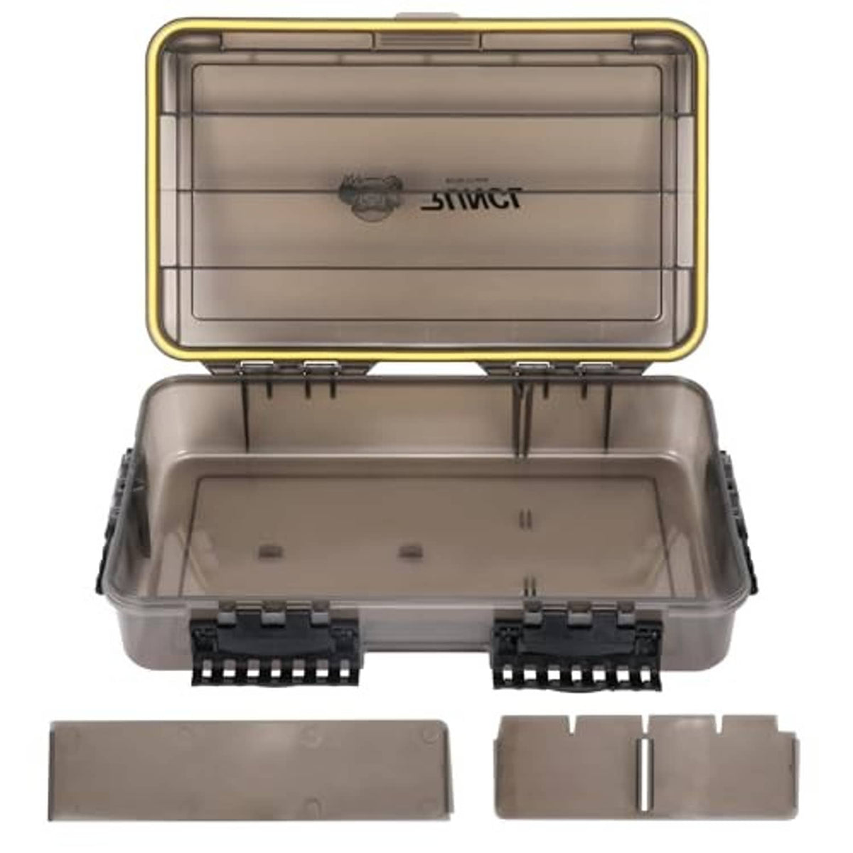 Deep gray fishing tackle box open with clear lid and internal divider inserts