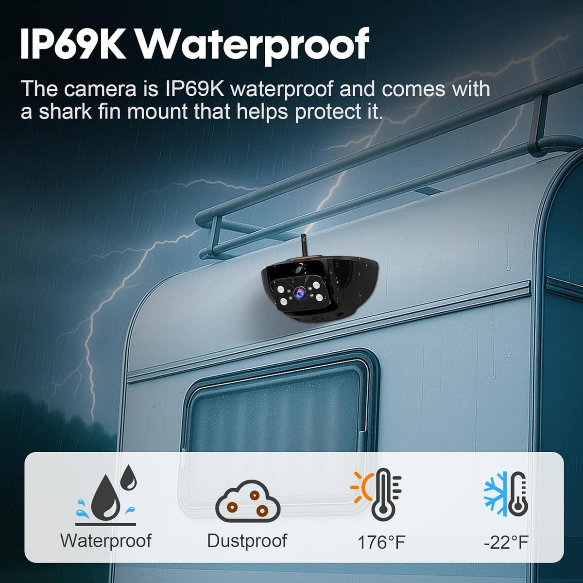 Weatherproof IP69K RV camera with protective mount and waterproof design icons