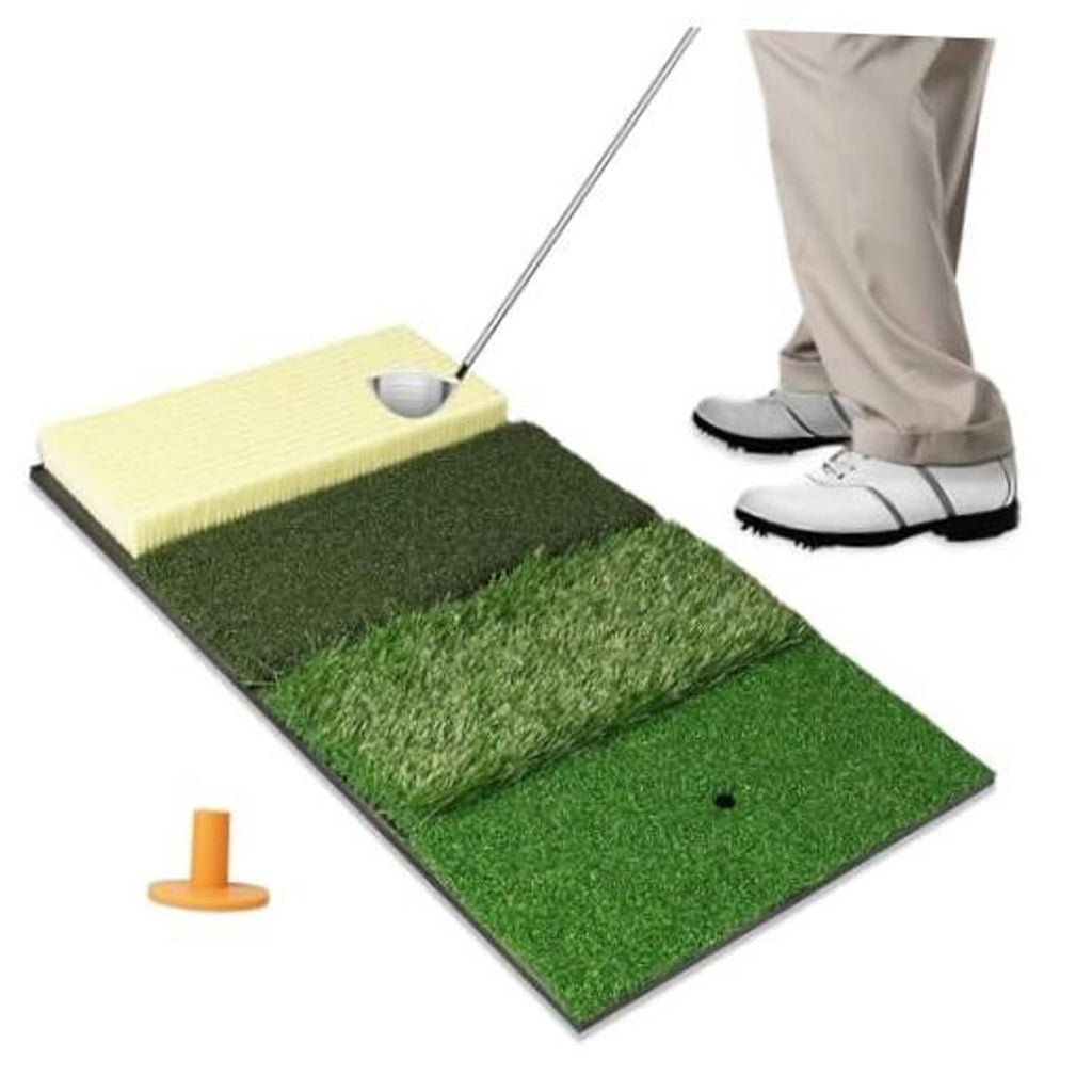 Foldable golf hitting mat with green turf sections and a light sand-trap area