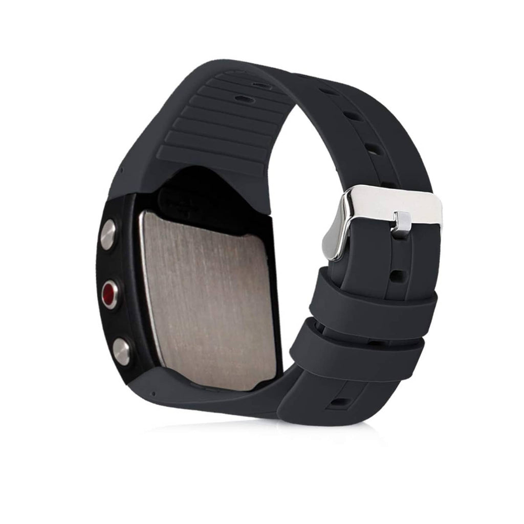 Black silicone watch strap with silver buckle, shown from side view