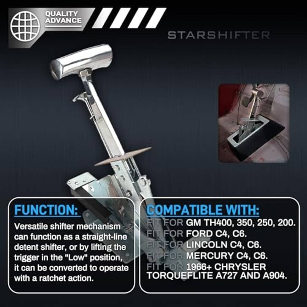 Automatic shifter with chrome knob and metal mechanism on a black base