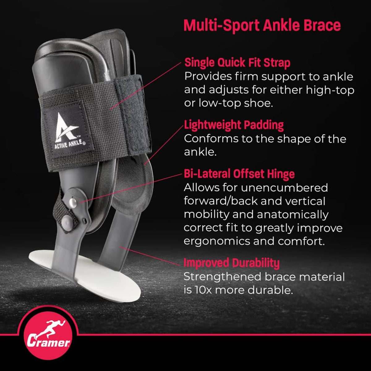 Gray-black rigid ankle brace with padded straps on a display stand