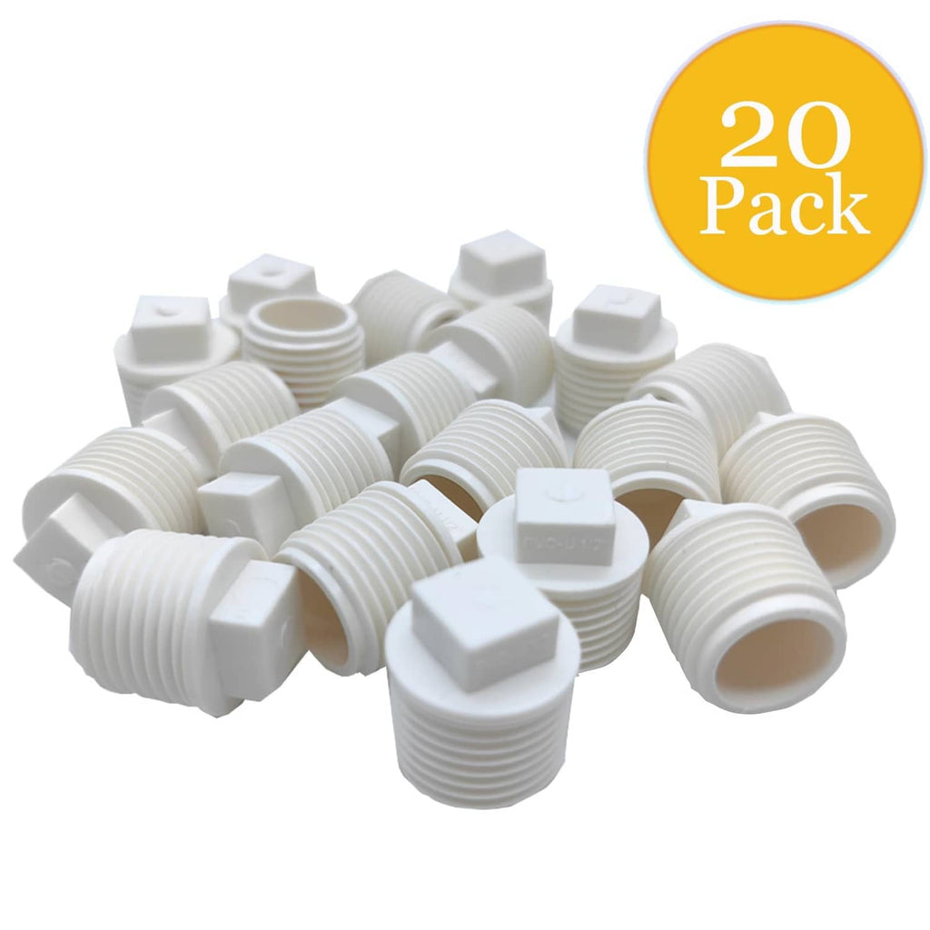 White PVC pipe plug caps, 20-pack shown with multiple threaded ends