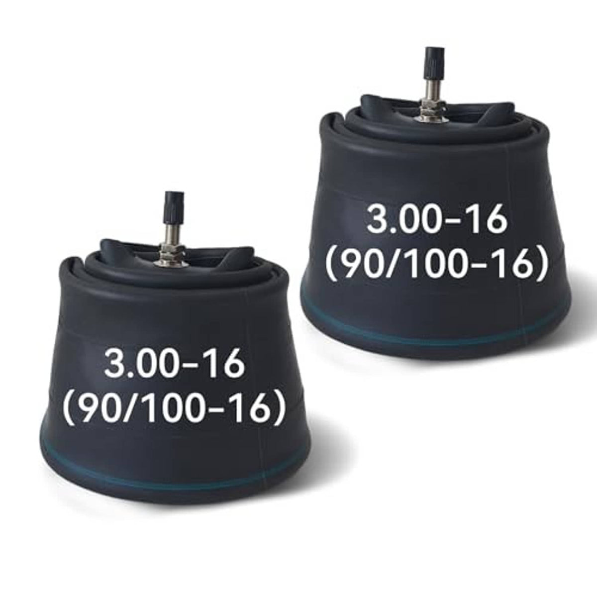 Two black inner tubes for dirt bike tires with valve stems, labeled 3.00-16 (90/100-16)
