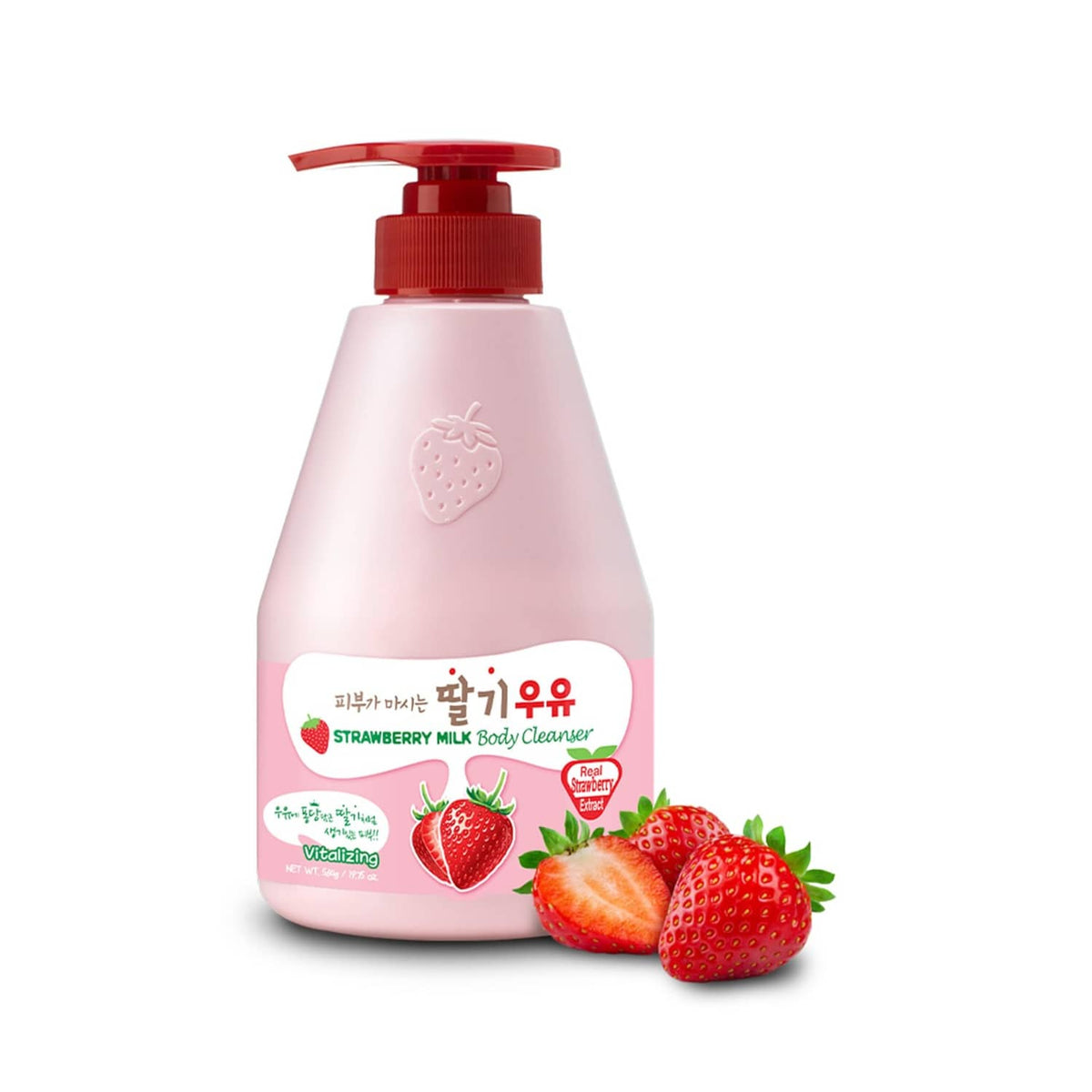 Strawberry milk body cleanser bottle with red pump and strawberry fruit