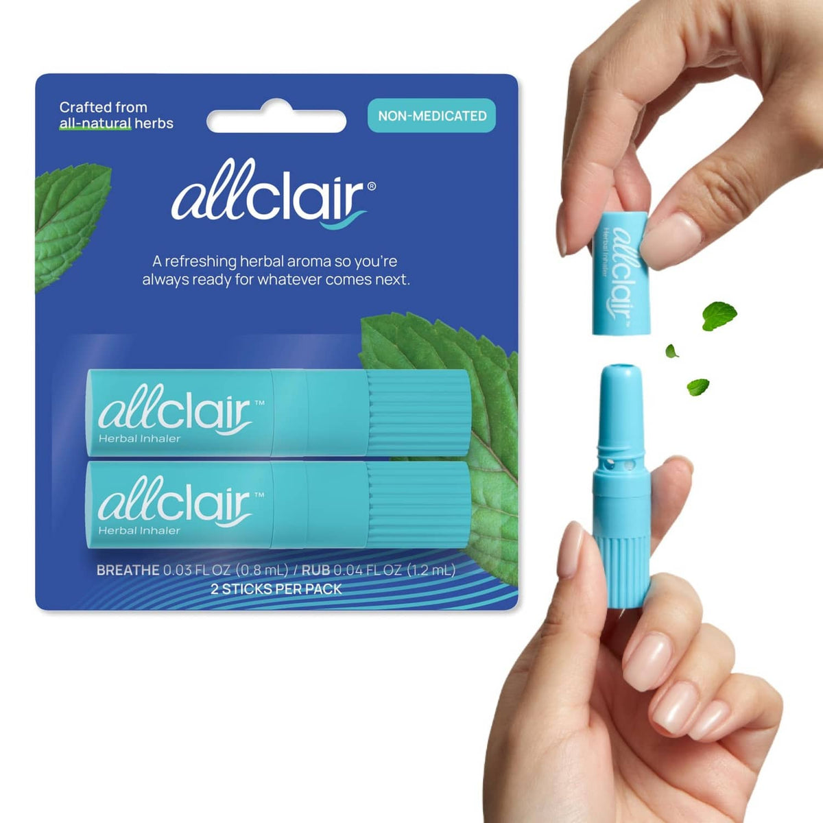 Turquoise herbal inhaler stick set in a blister-style pack, non-medicated