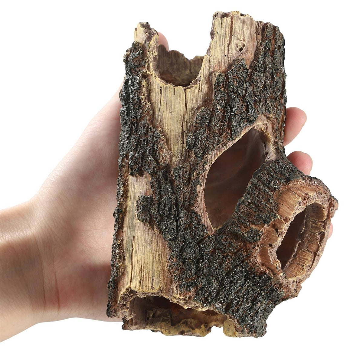 Resin log aquarium decoration with two arched cave openings and natural bark texture