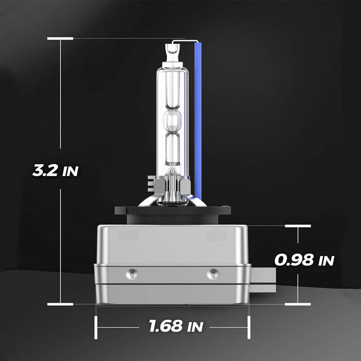 HID xenon headlight bulb with silver base and blue-marked glass tube size view